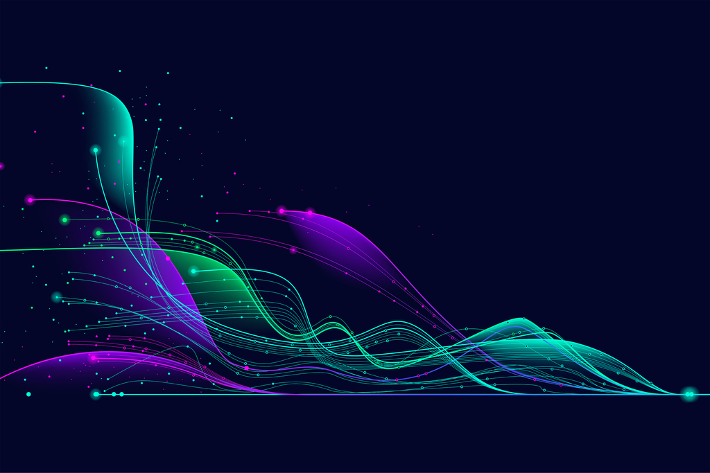 Dynamische Neon-Lichtströme in Blau, Cyan und Magenta mit Wellenschnittmuster über dunklem Hintergrund.